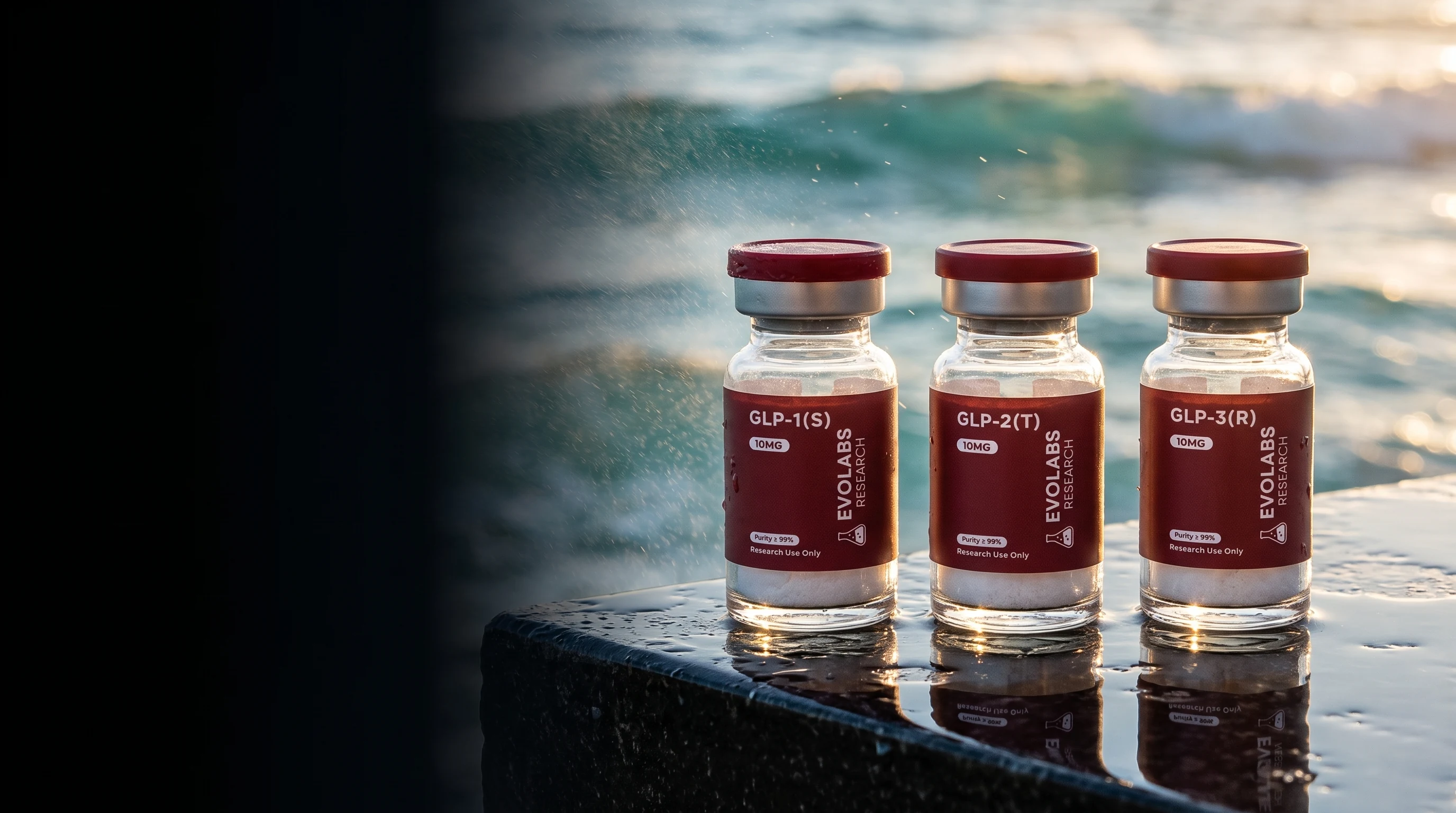 Three EVO Labs GLP-1, GLP-2 and GLP-3 research peptide vials by the ocean